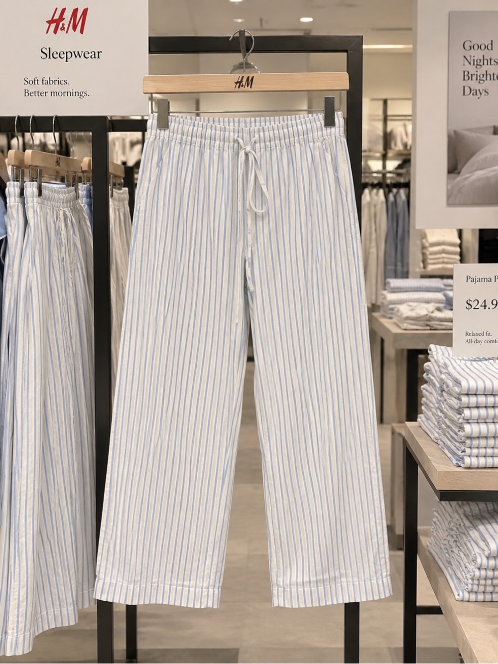 H&M Men’s White and Light Blue Striped Lounge Pants